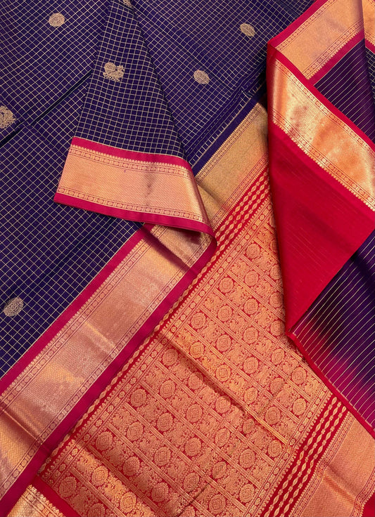 Kanchi Silk Cotton Sarees | luxury silk cotton | mayil chakram  | dark violet blue X red NKV37