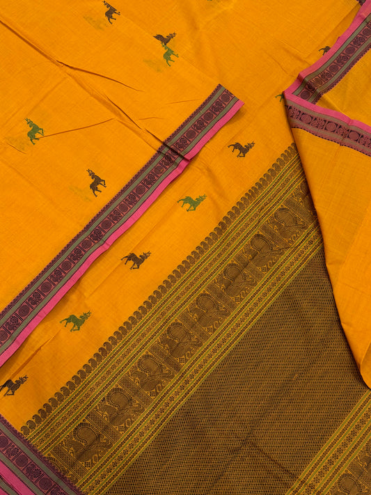 Pure Handloom Kanchi rich Cotton Saree | maan BUTTA X  tiny thread border | Manjal X pink X green | intricate rich thread woven Pallu
