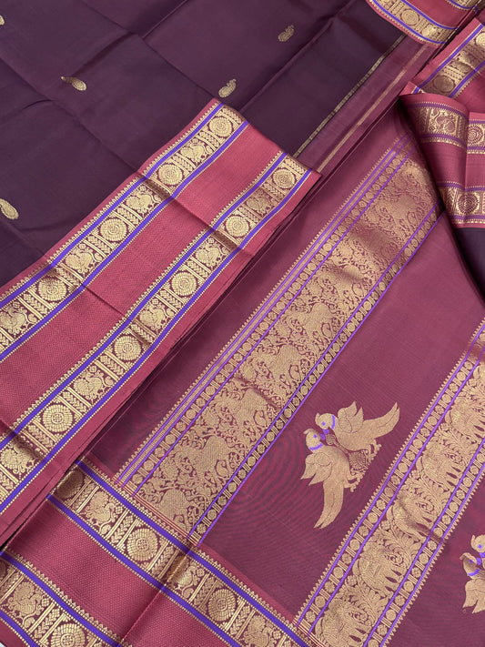 Pure Kanjivarams | aaraku brown x peachy pink | rettai killi pallu X rettai border |  master weave pallu