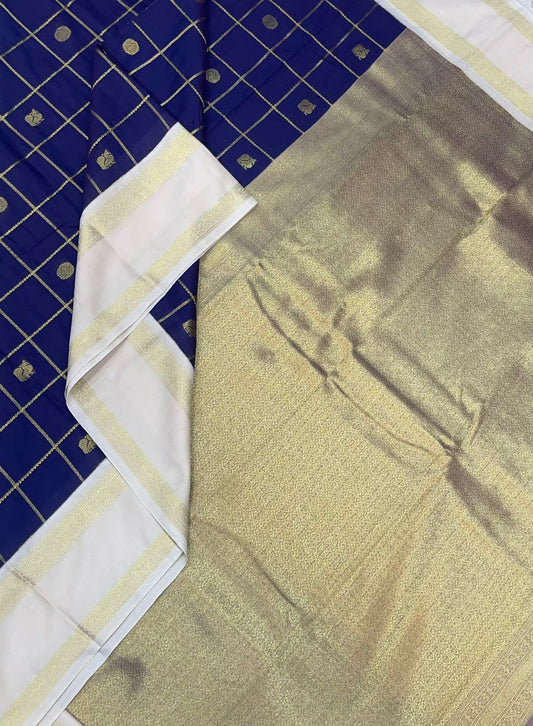 Semi Silk soft Cotton Sarees | korvai Rettaipet border X mayil chakram kattam | dark blue x cream | NKV11