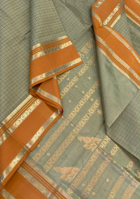 Kanchi Silk Cotton Sarees | 1000 butta  X rich zari killi pallu X zari rettaipet border | pastel green  X mustard
