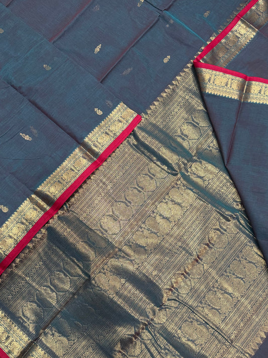 Kanchi handloom rich cotton |tiny Zari border X tiny Zari BUTTA | twotone blue X red