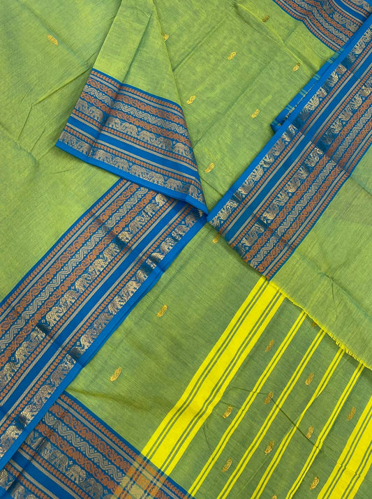 Pastel kanchi soft cotton | pastel green X blue zari border