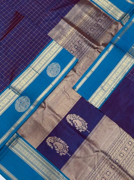 Kanchi Silk Cotton Sarees | kattam X yaanai mayil Zari border | navy blue x sky blue zari border | NKV20