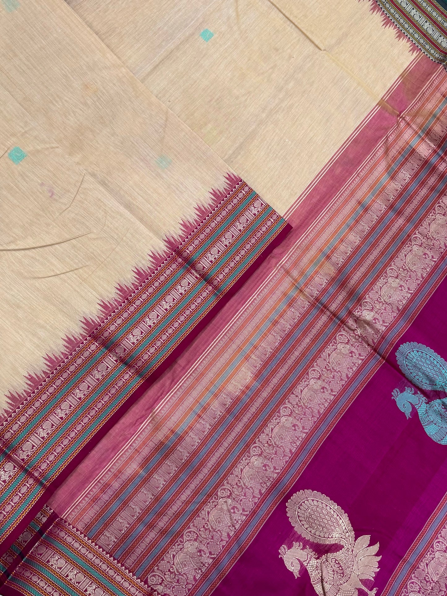 Pure Handloom Kanchi rich Cotton Saree | cotton body X silk border | pastel cream x pink | NKV12