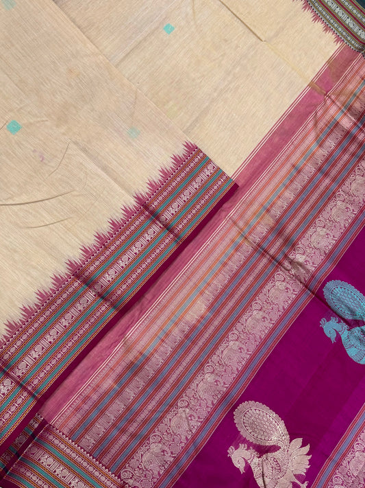 Pure Handloom Kanchi rich Cotton Saree | cotton body X silk border | pastel cream x pink | NKV12