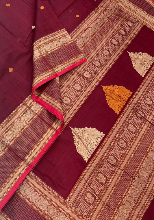 Pure Handloom Kanchi rich Cotton Saree |jodi yaanai x mayil | marron xred