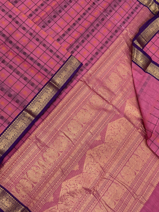 Pure Handloom Kanchi rich Cotton Saree | Zari border X  1000 BUTTA | pastel pink X violet | intricate rich thread woven Pallu