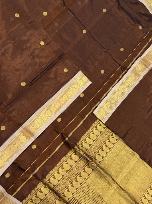 Kanchi Silk Cotton Sarees | brown x cream |  narrow border X Kamalam BUTTA | NKV31