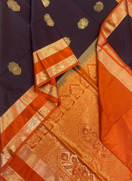 Vegan Silk Sarees Online | coffe brown  x orange 🧡| eruthalapakshi x rettaipet border
