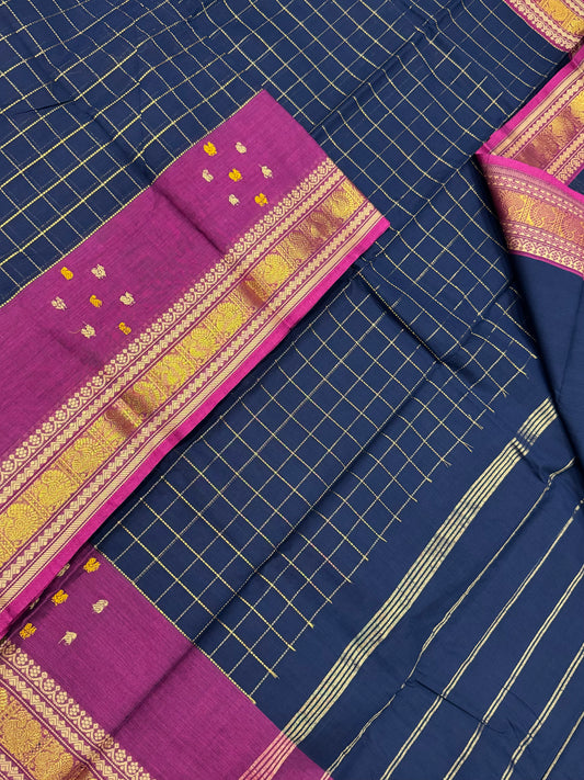 Kanchi soft cotton | navy blue X pink | kattam Zari