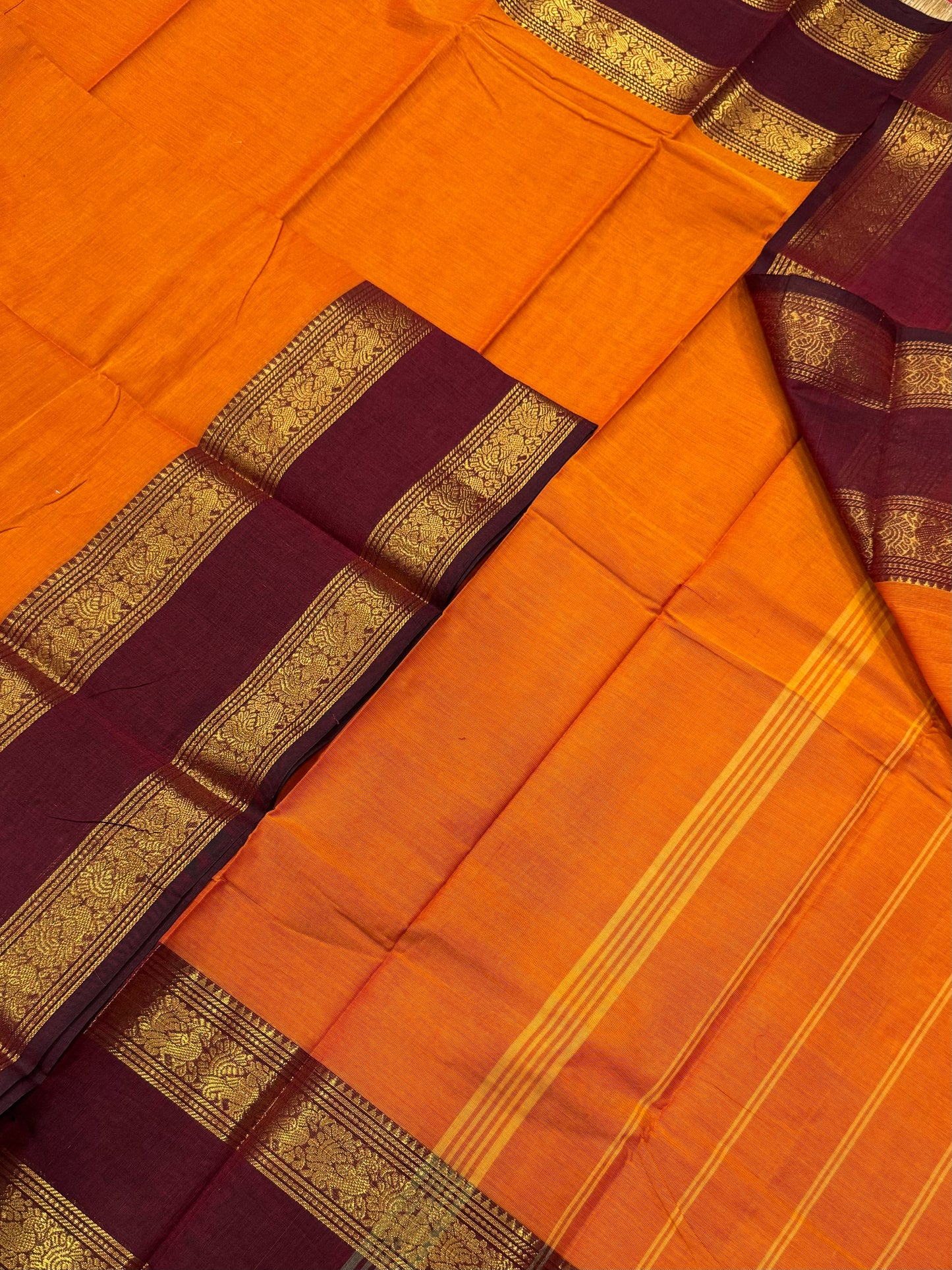 Kanchi soft cotton | orange X burgundy |Zari rettaipet border