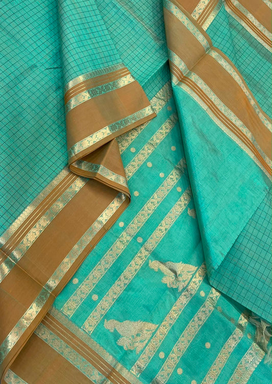 Kanchi Silk Cotton Sarees | 1000 butta  X rich zari killi pallu X zari rettaipet border | teal green  X mustard