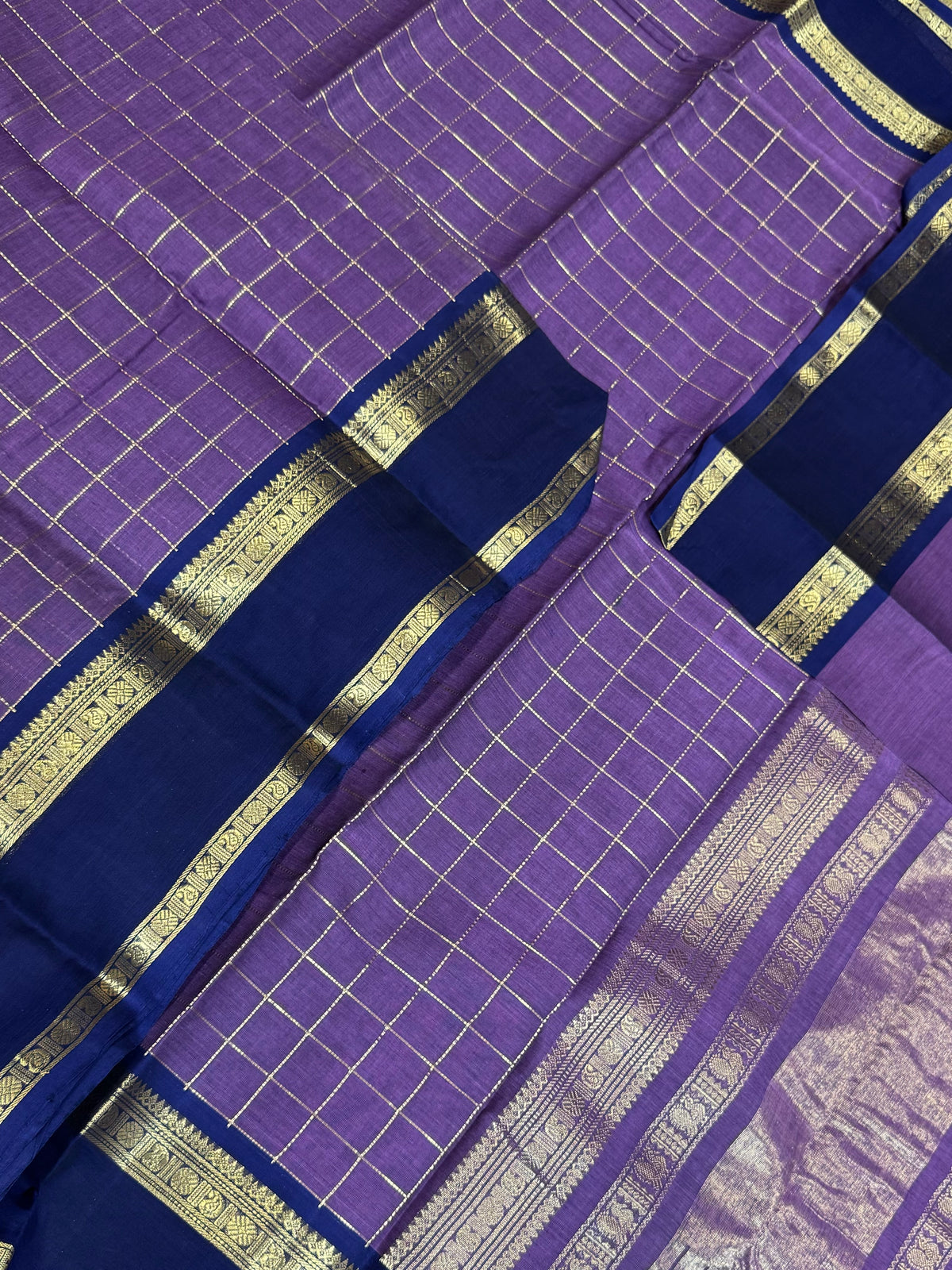 Pure Handloom Kanchi rich Cotton Saree | rich rettaipet border x zari kattam | lavender 🪻 x navy blue