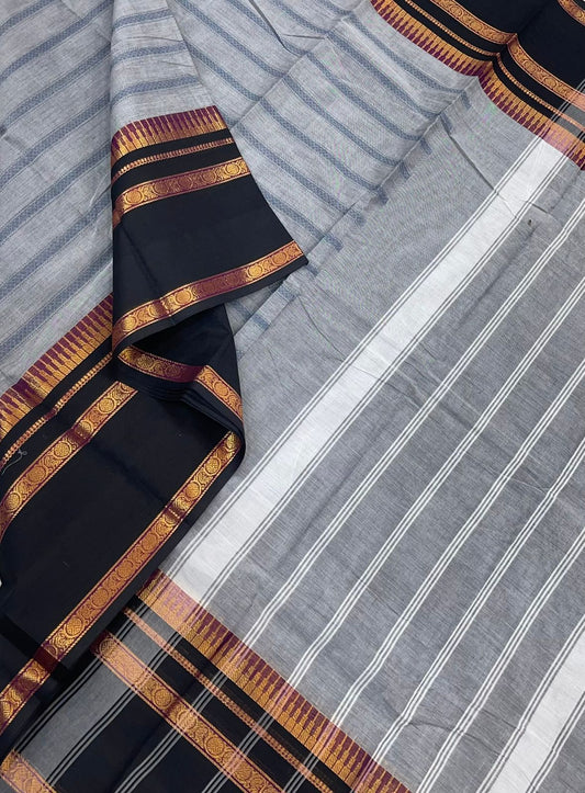 Kanchi soft cotton | grey X black |  veldhari X Zari rettaipet border