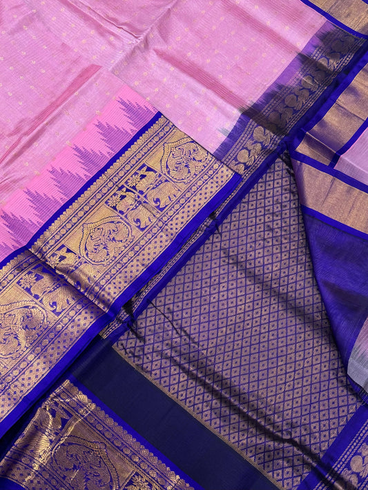 Kanchi korvai Silk Cotton Sarees | pink X violet |korvai Zari temple border x podi kattam