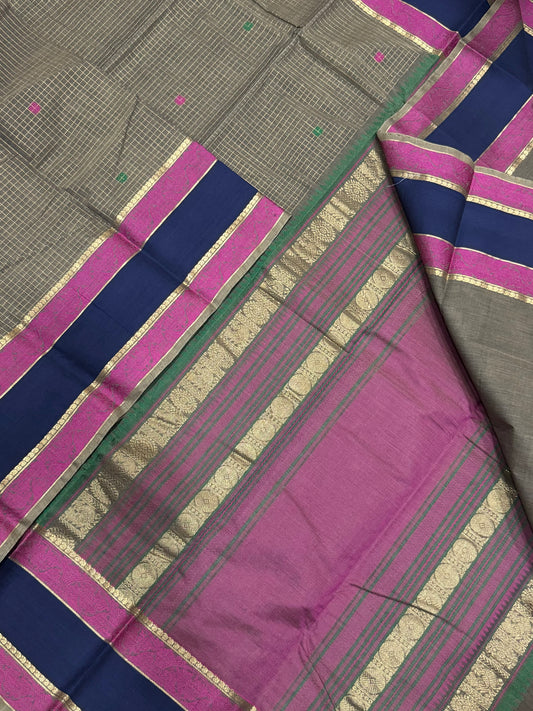 Kanchi handloom rich cotton | Zari muthukattam BUTTA X rettaipet border | mehendi greenish grey x blue