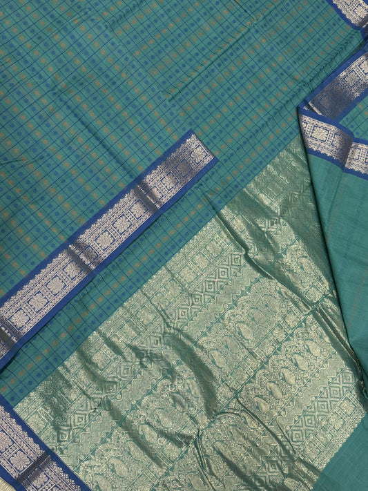 Pure Handloom Kanchi rich Cotton Saree | teal green X blue | 1000 butta X rich pallu