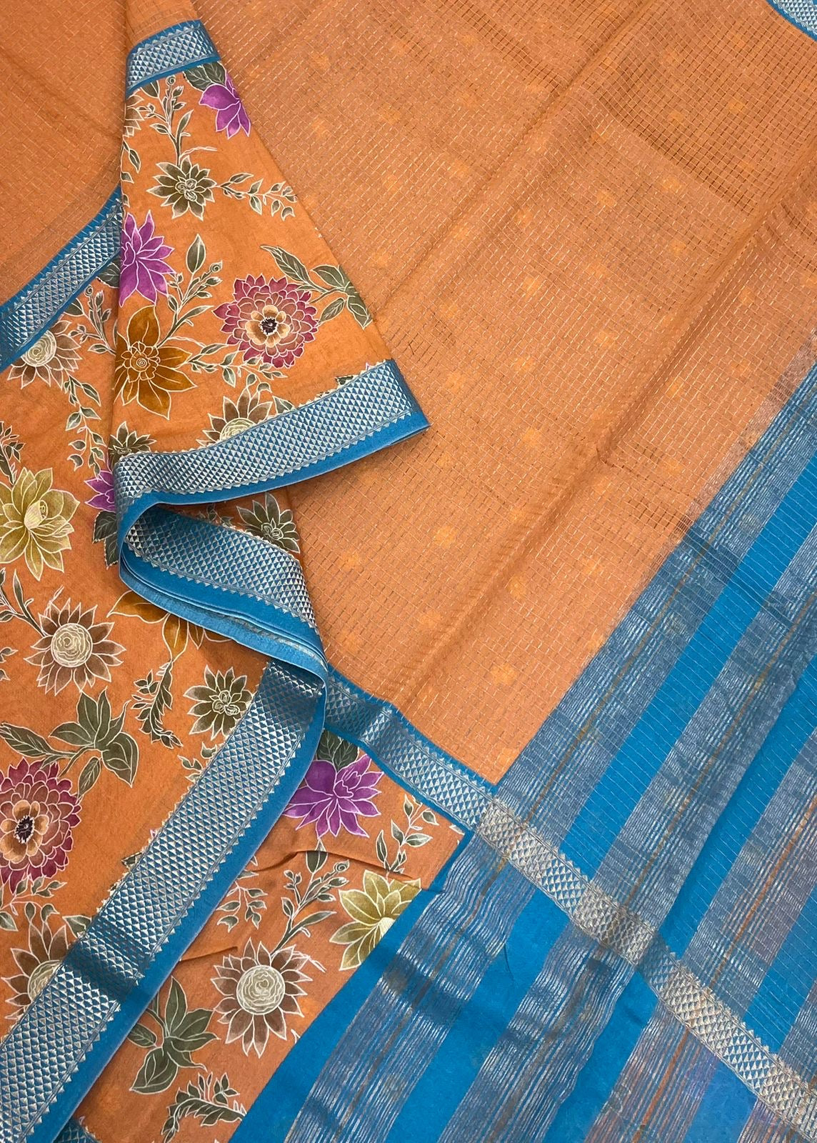 Premium Chanderi silk  | floral x zari border | orange floral X pastel blue | NKV24