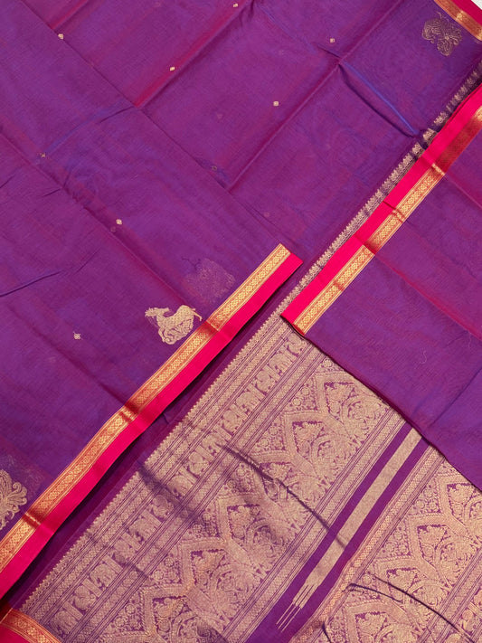 Pure Handloom Kanchi rich Cotton Saree | tiny Zari border X  deer X mayil butta| manjanta pink X red | intricate Zari woven Pallu
