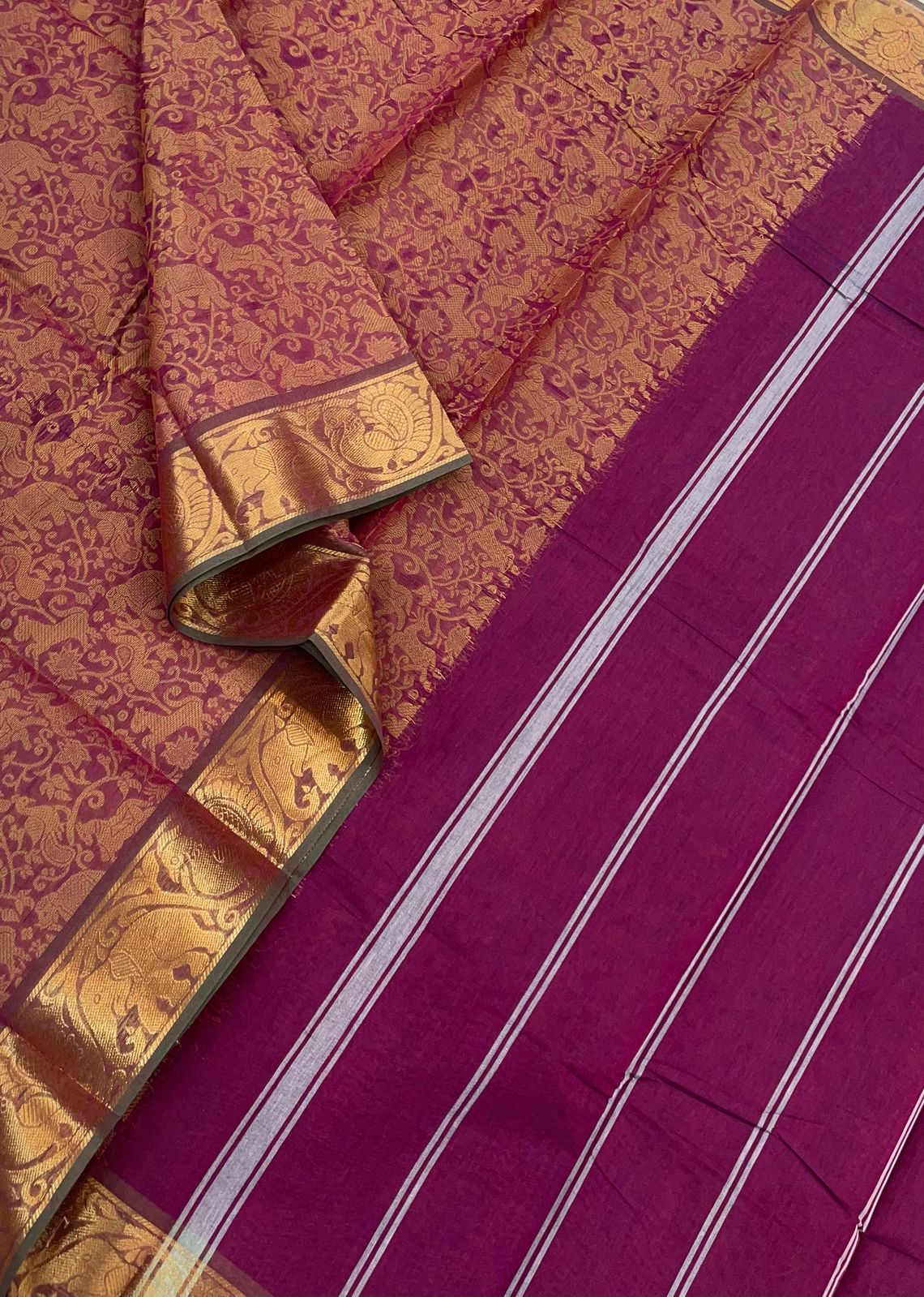 Kanchi soft cotton | dark pink x green | zari border X vanasingaram