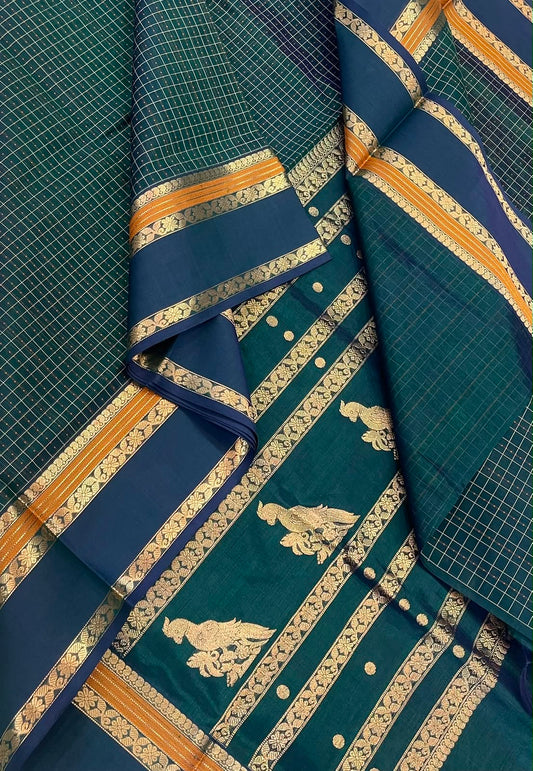 Kanchi Silk Cotton Sarees | 1000 butta  X rich zari killi pallu X zari rettaipet border | bottle green  X mustard