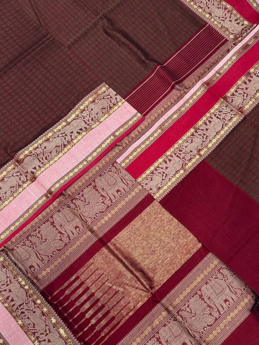 Pure Handloom Kanchi mercerised rich Cotton Saree | 20000 BUTTA X Ganga Jamuna | marron x pink X red