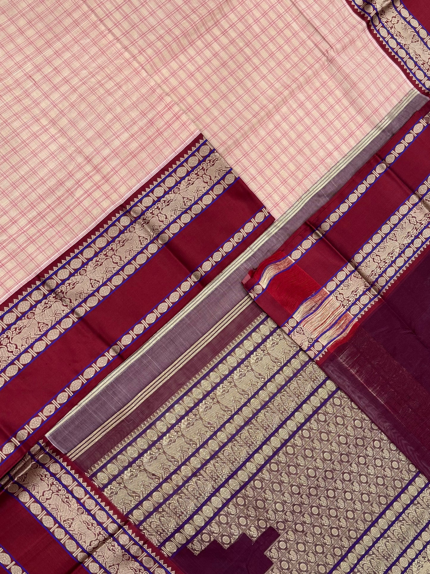 Pure Handloom Kanchi rich Cotton Saree | korvai cotton body x pure silk border & Pallu | pastel pink kattam x marron | NKV12