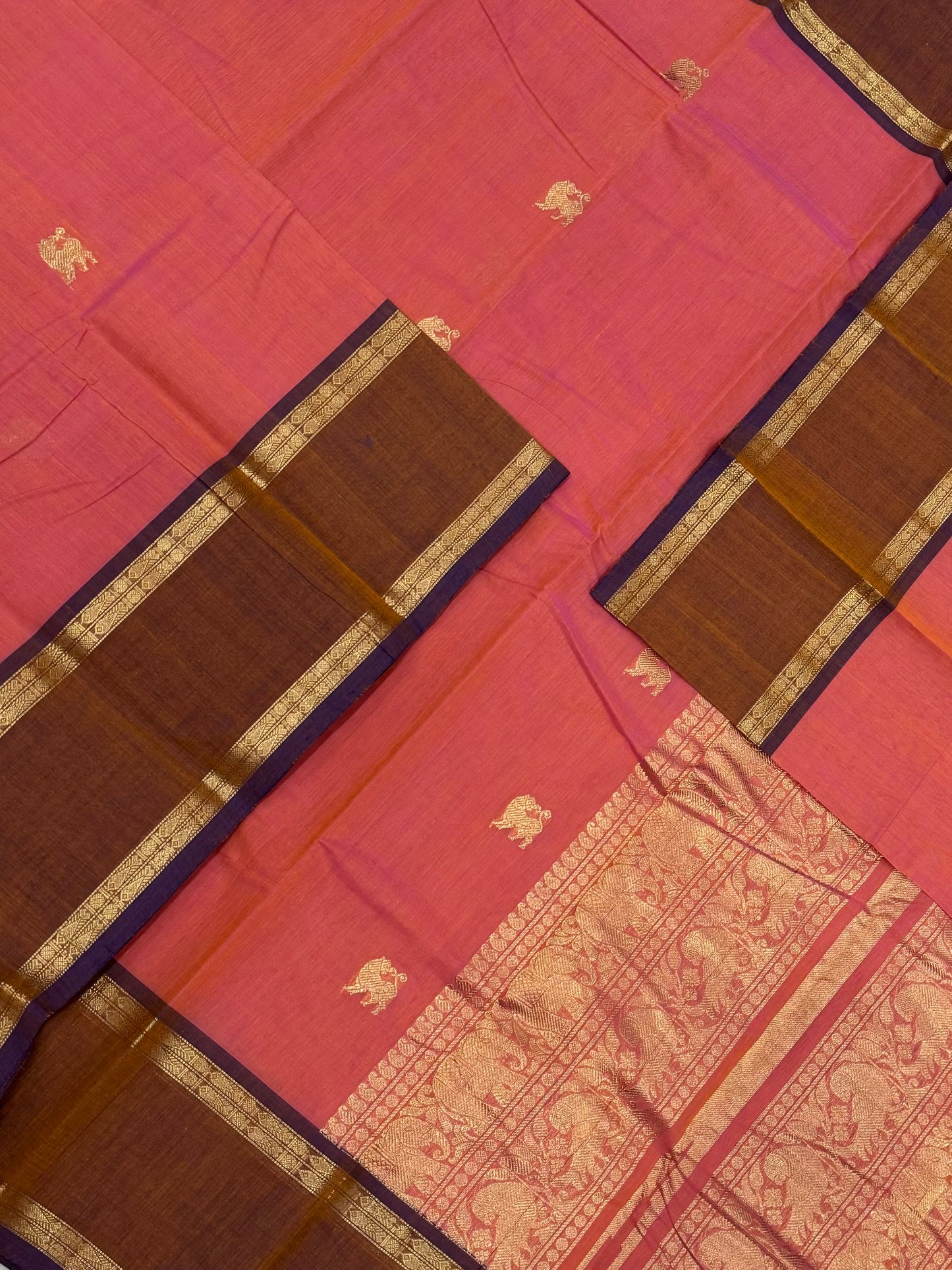 Pure Handloom Kanchi rich Cotton Saree | Zari border X  yhazli butta| twotone orange X lavendar | intricate Zari woven Pallu