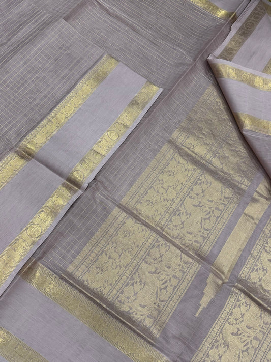 Kanchi Silk Cotton Sarees | zari kattam x rettaipet border | pastel pink X gold