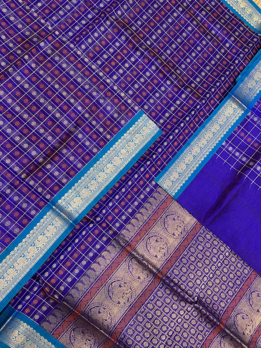 Kanchi Silk Cotton Sarees | 1000 kamalam motif | blue x tiny mayil zari border | NKV20