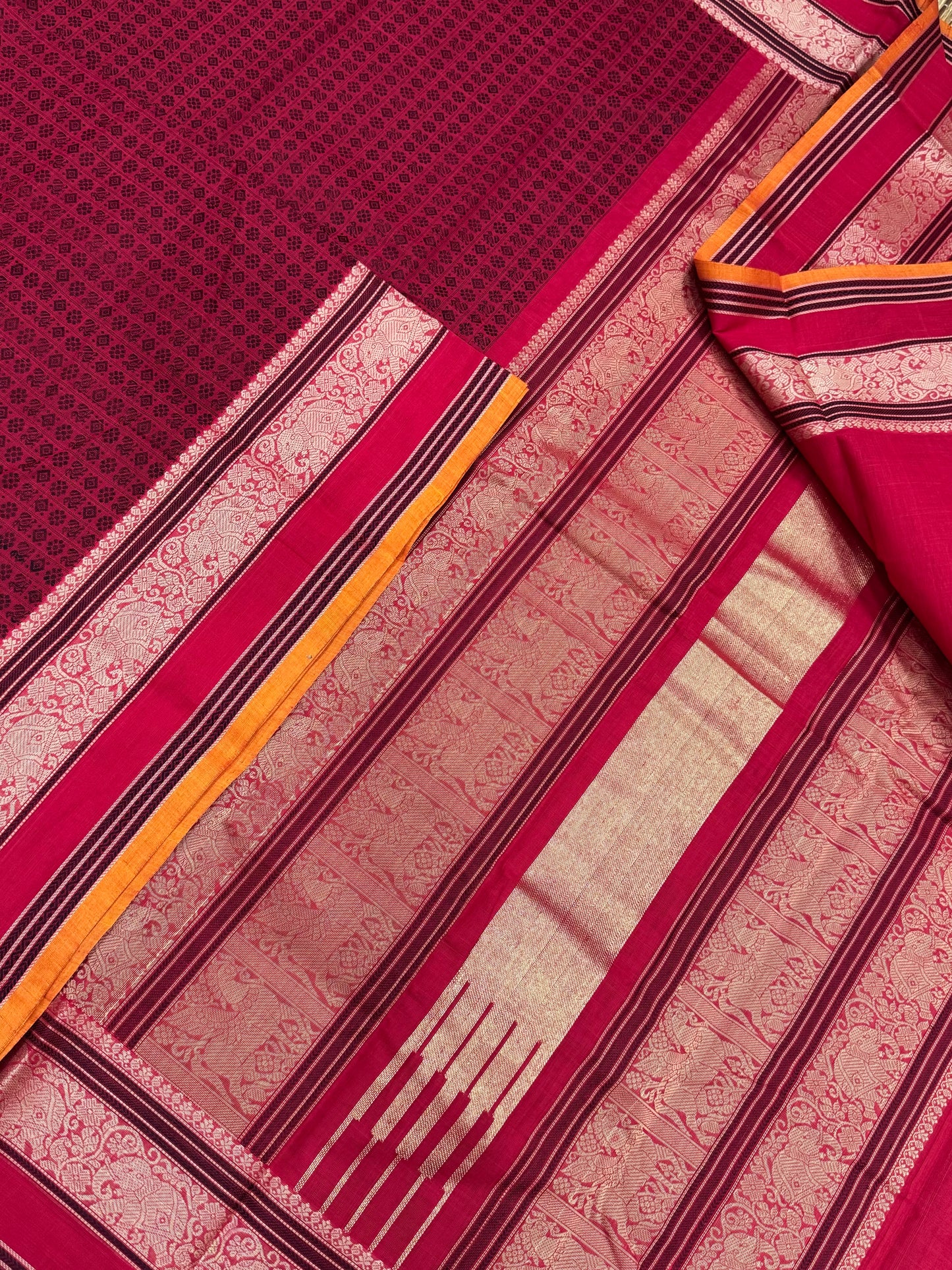 Pure Handloom Kanchi rich Cotton Saree | red X Manjal | 20k butta