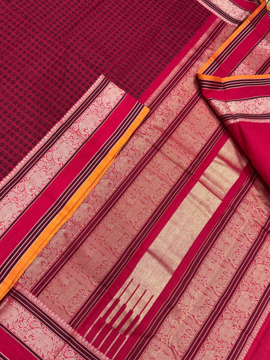 Pure Handloom Kanchi rich Cotton Saree | red X Manjal | 20k butta