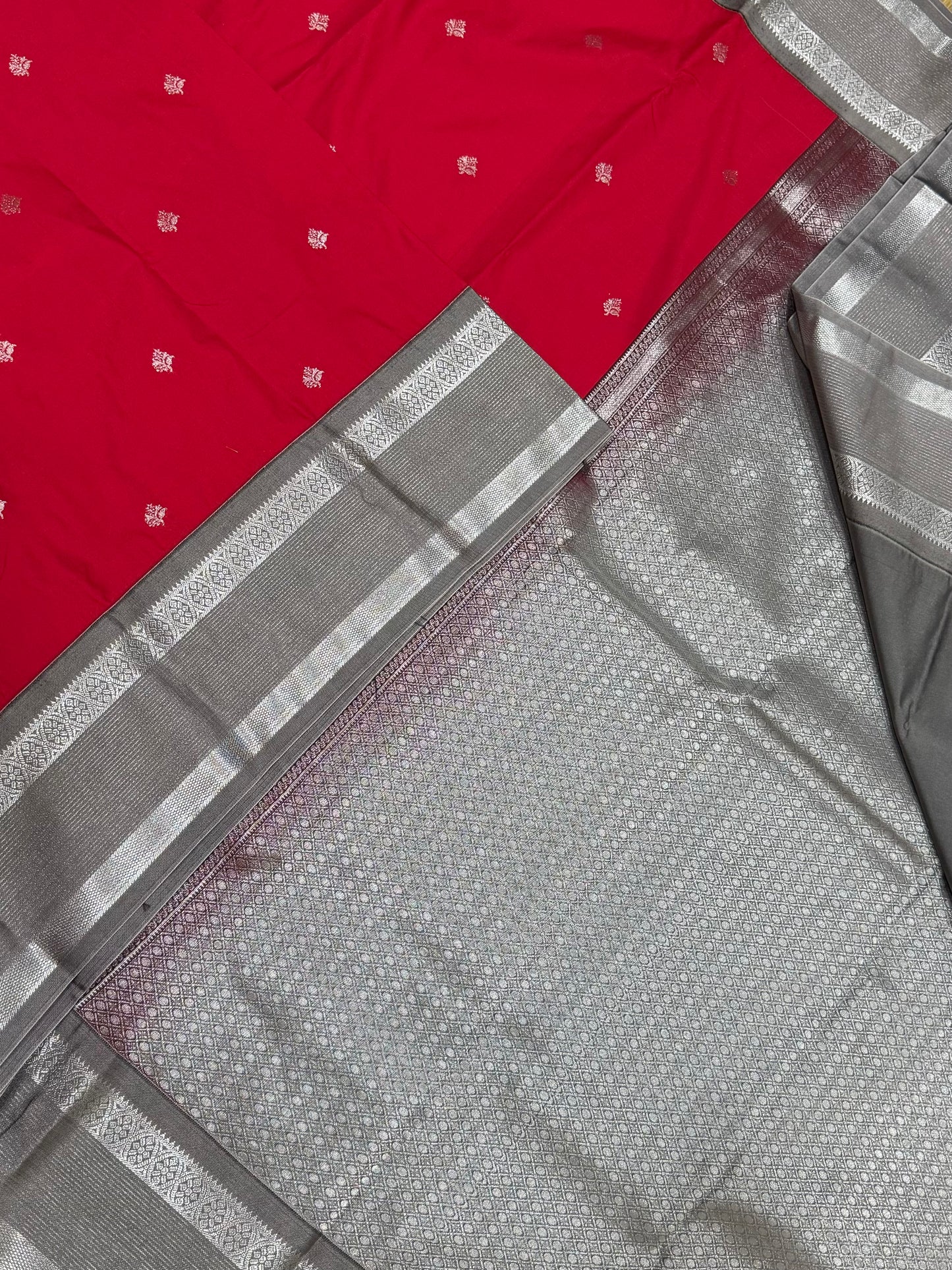 Vegan Silk Sarees Online | red X grey | rettaipet border