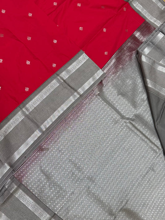 Vegan Silk Sarees Online | red X grey | rettaipet border