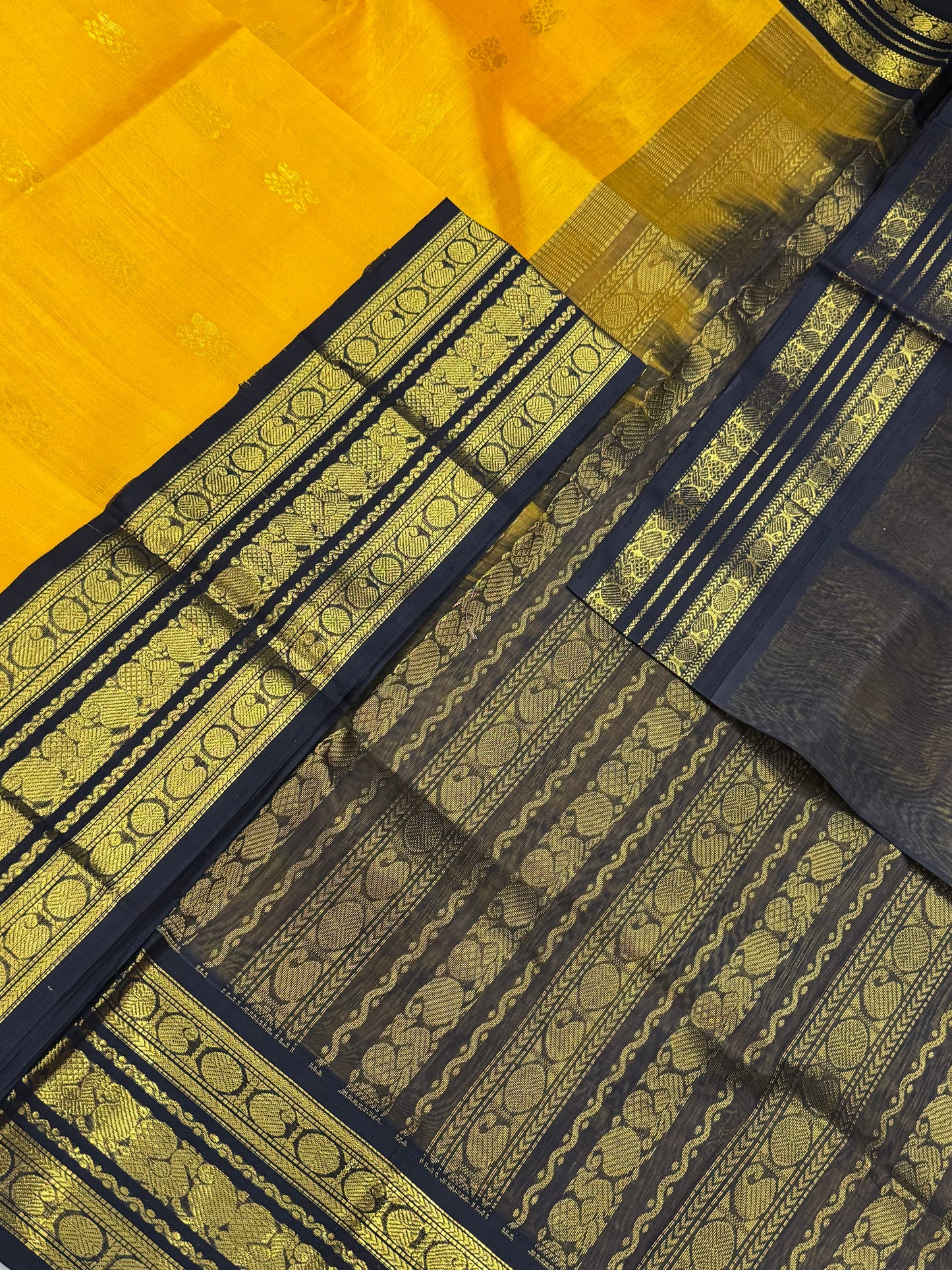 Kanchi Silk Cotton Sarees | classic Korvai border silk cotton |  small BUTTA | manjal X black
