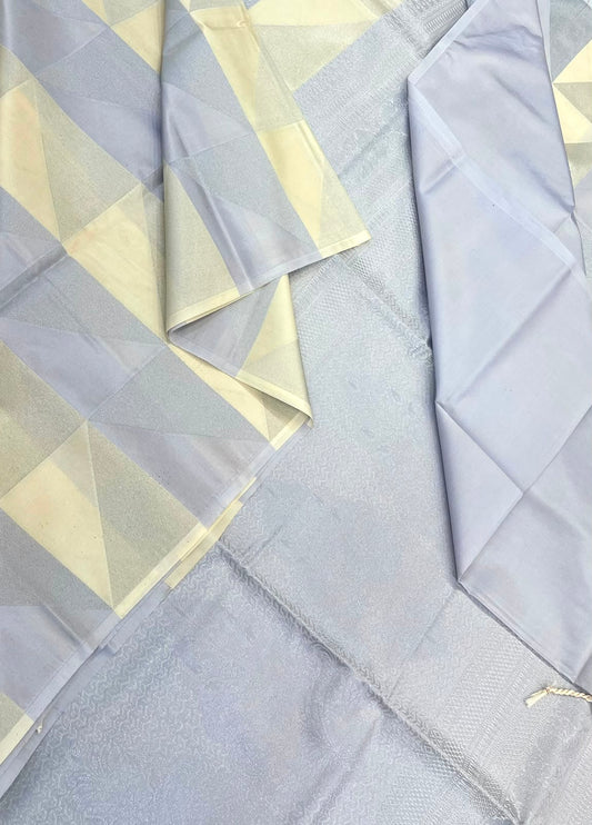 Vegan Silk Sarees Online | geometric pattern | pastel yellow X grey