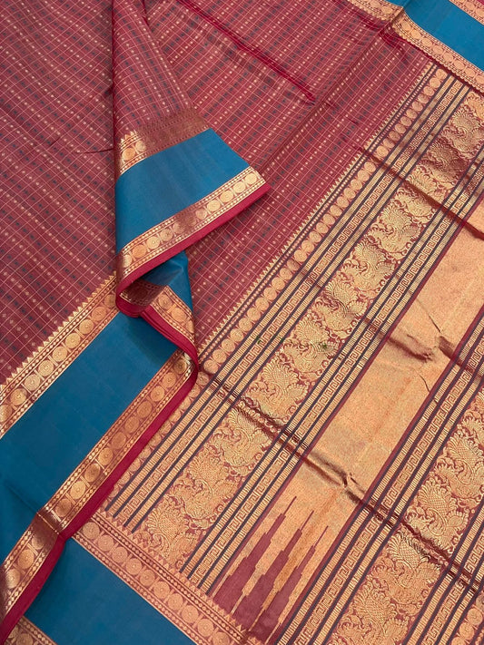 Kanchi Silk Cotton Sarees | 1000 butta x lakshadeepam | peach pink x skyblue rettaipet zari border | NKV008