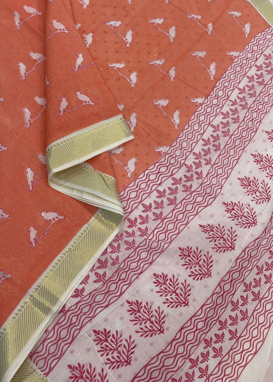 Premium soft cotton | orange X Zari border | printed motif