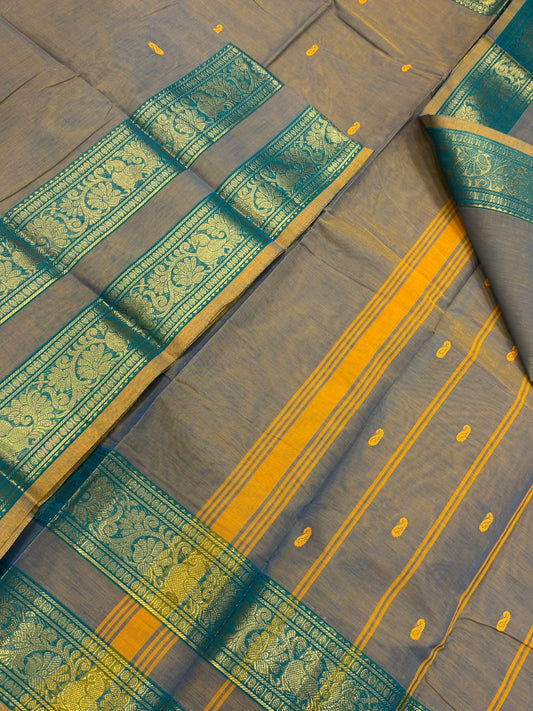 Kanchi soft cotton | two tone grey X teal | rich rettaipet Zari border