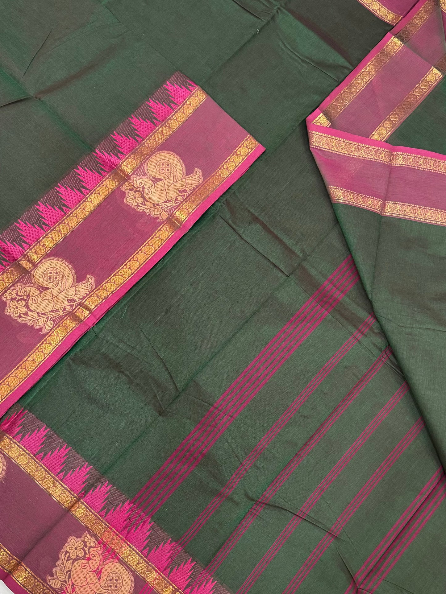 Kanchi soft cotton | green x pink |  rettaipet mayil border