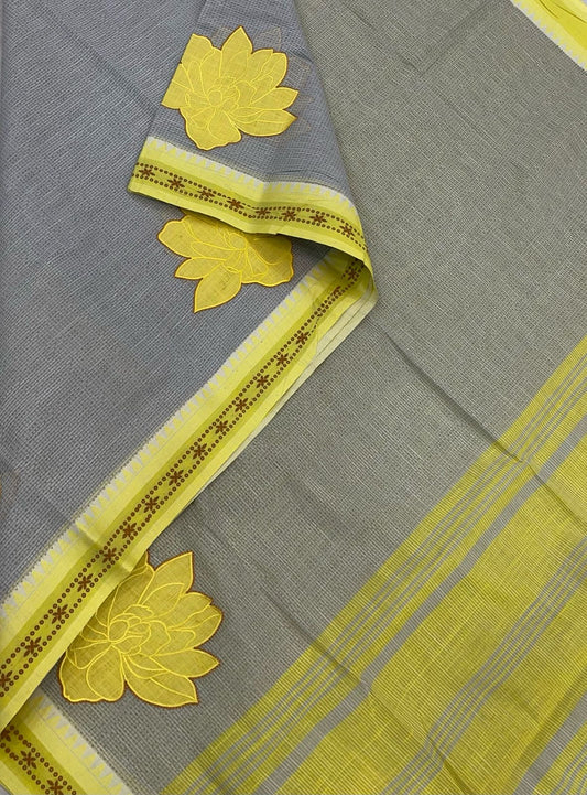 Kadhi soft Cotton | grey x yellow | thread border X floral embroidery