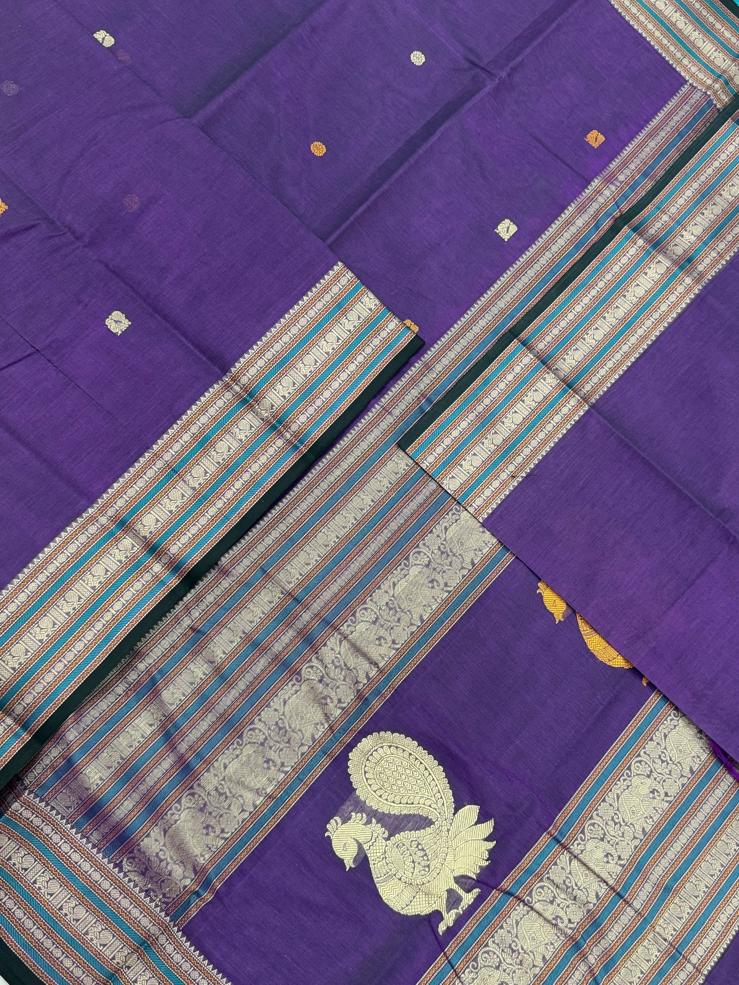 Pure Handloom Kanchi rich Cotton Saree | thread border X  mayil pallu| violet X cream | intricate thread woven Pallu