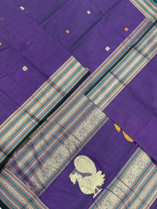 Pure Handloom Kanchi rich Cotton Saree | thread border X  mayil pallu| violet X cream | intricate thread woven Pallu