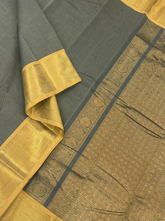 Kanchi soft cotton | podi kattam x Zari  border | grey X yellow