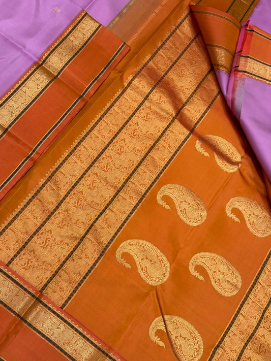 Pure Kanjivarams | pastel lavender pink X orange | Zari rettaipetborder  X mango pallu | master weave 4ply