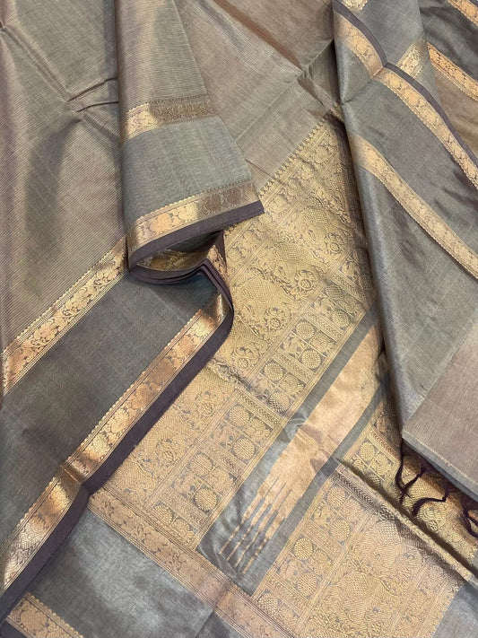 Kanchi Silk Cotton Sarees | luxury tissue silk cotton | intricate VAIRAOOSI X rettaipet | grey x gold