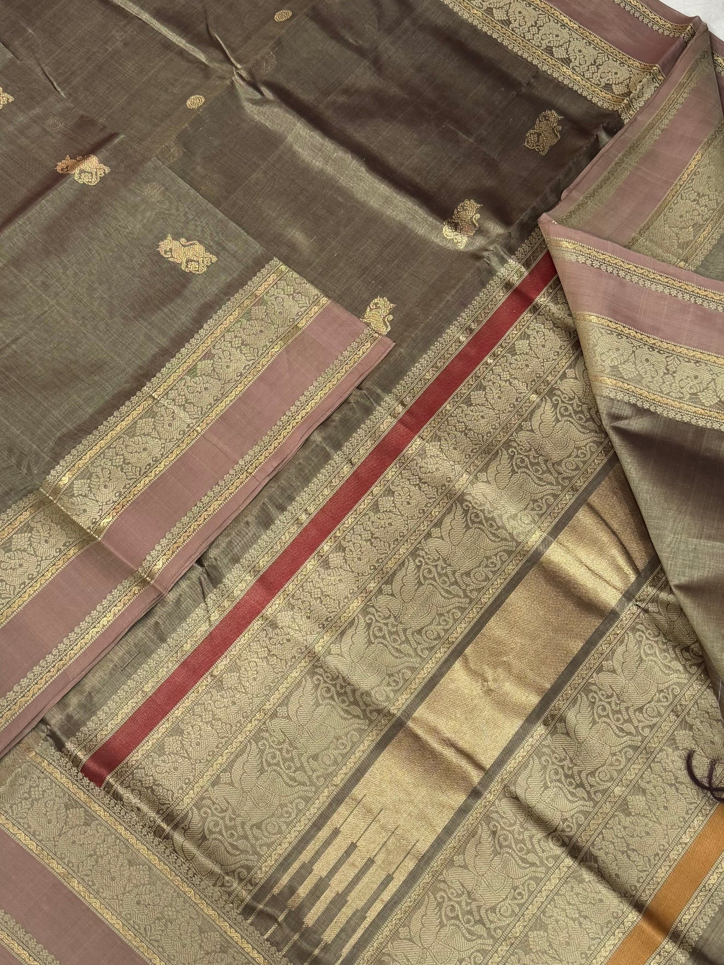 Kanchi Silk Cotton Sarees | luxury silk cotton | thread woven pallu X minimal zari motif | earth grey