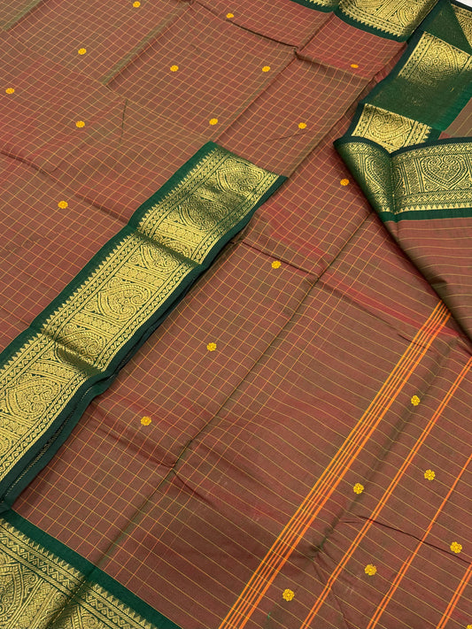 Kanchi soft cotton | maanthulir brown X dark green|rich Zari border X kattam