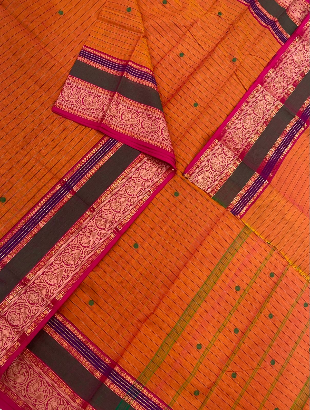 Kanchi soft cotton | orange X green | kattam X Zari border